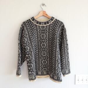 Vintage Norwear Irish Wool Fair Isle Crew Neck Pullover Sweater Black Cream S